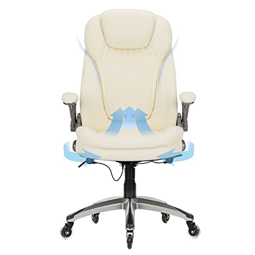 Image of COLAMY Ergonomic Office Chair, Set of 2 Boxes, High Back Leather Desk Chair with Flip-up Arms, Adjustable Height & Rocking Function, Silent Wheels, Ivory Executive Computer Chair, 300lbs Capacity