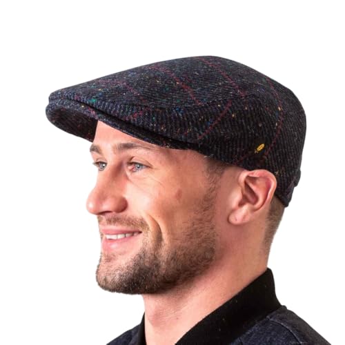 Hatman of Ireland Authentic Tweed Flat Cap 100% Irish Wool Handmade Ireland Men Casquette Navy Green Charcoal (US, Alpha, X-Large, Navy Check)