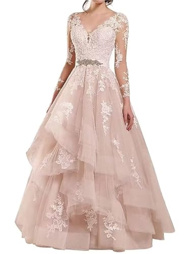 Nice Full Sleeve Wedding Dresses Appliques Lace V Neck Ruffles Princess Wedding Dress for Bride 16 Champagne