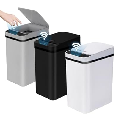 3 Pack Bathroom Trash Can with Lid, 2.5 Gallon Small Slim Trashcan, Automatic Trash Can Touchless, Motion Sensor Waterproof Plastic Trash Bin for Bedroom Kitchen Office Living Room (Black+Gray+White)