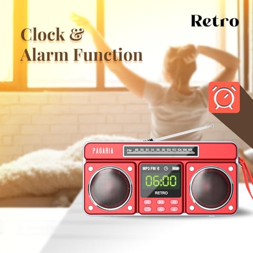 Image of PAGARIA New Retro Portable FM Radio with 10 Watts Sound, Bluetooth Recording, Alarm Clock, USB /TF Card, Detachable External Antenna, Earphone & Aux Port (Red)