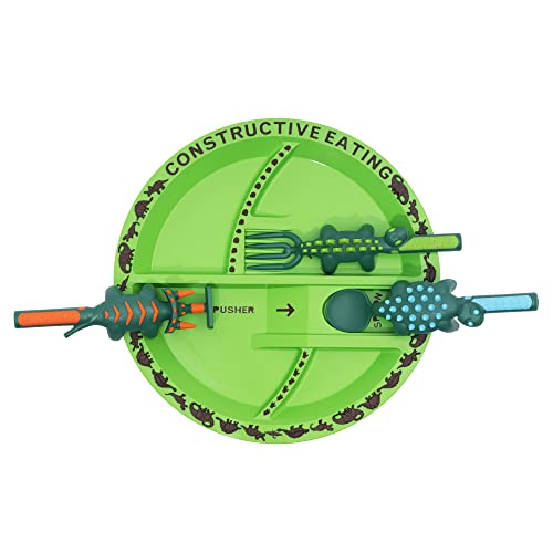 Made in USA Dinosaur Combo with Utensil Set and Plate for Toddlers, Infants, Babies and Kids - Made With Materials Tested for Safety, Green, e11