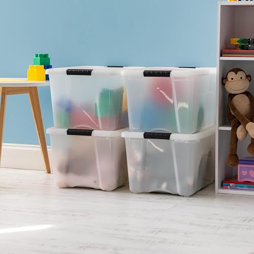 IRIS USA 40 Qt Stackable Plastic Storage Bins with Lids, 4 Pack - BPA-Free, Made in USA - Discreet Organizing Solution, Latches, Durable Nestable Containers, Secure Pull Handle - Pearl by IRIS USA - Image 2