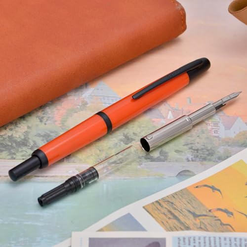 Image of GOLD LEAF Jinhao 20 Press Retractable Fountain Pen - Fine Nib with Converter - Plastic Body & Metal Clip - Multiple Colors - Smooth Writing Pen (No Ink Included) (Orange(Black Clip))