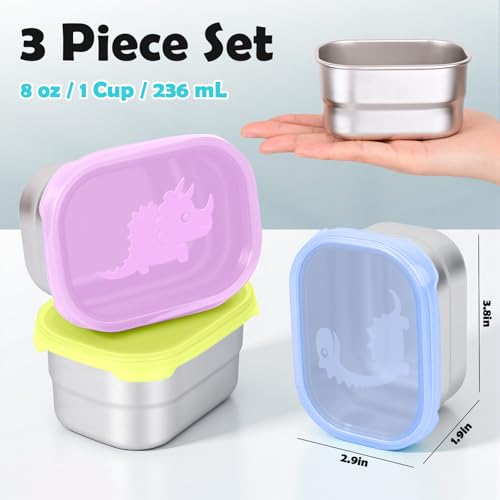 Image of Tanjiae 3x8oz Small Stainless Steel Snack Containers - 230mL Leakproof Food Containers with Cute Dino Lids | LFGB Certified, Stackable Metal Snack Box for Home, Office, Travel