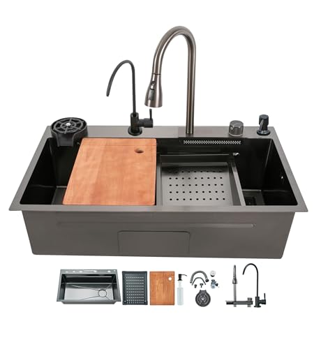 Image of Fossa 24 inchx18 inchx09 inch Single Bowl Waterfall Kitchen Sink Honeycomb Embossed Sink with Black Nano Coating, Stainless Steel, Rectangular Workstation, Faucet With Included All Accessories. (Black)