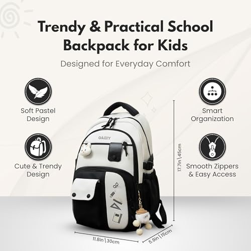 Image of Cute School Backpack for Girls - Stylish Pink & White Large Capacity Bookbag with Plush Keychain, Multiple Pockets, Lightweight Travel & College Bag
