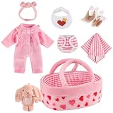 JIZHI 8 Pcs Reborn Baby Doll Clothes with Bassinet for 8-10 Inch Reborn Dolls, Baby Doll Clothing and Doll Accessories Set with Bunny Toy fit Realistic Baby Dolls Girl, Pink