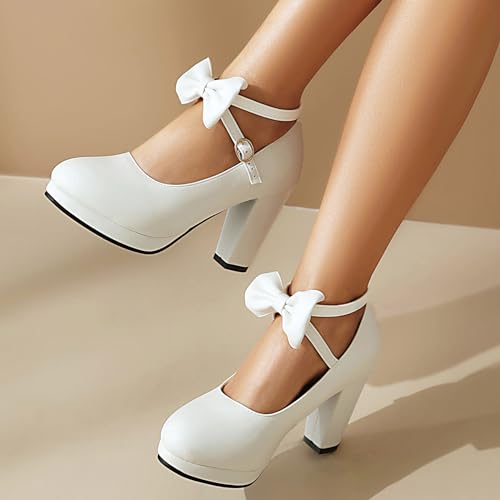 Image of ForeMode Fashion Women T-Strap High Heels Bow Platform Round Toe Pumps Leather Summer Sweet Shoes