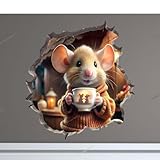 Coffee Lover Mouse Wall Hole Decal Baseboard Sticker with 3D Effect Tea Time Cup Mug Pot Tumbler Kitchen Decor Decal Funny Waterproof Printed Vinyl Gift Idea for Tea Lovers Size 4.5 x 4.0 Inches