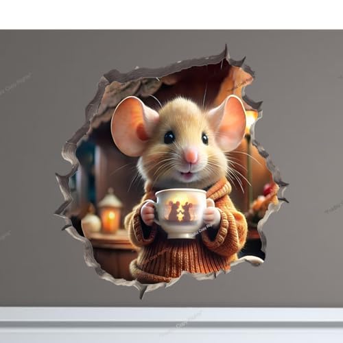 Coffee Lover Mouse Wall Hole Decal Baseboard Sticker with 3D Effect Tea Time Cup Mug Pot Tumbler Kitchen Decor Decal Funny Waterproof Printed Vinyl Gift Idea for Tea Lovers Size 4.5 x 4.0 Inches