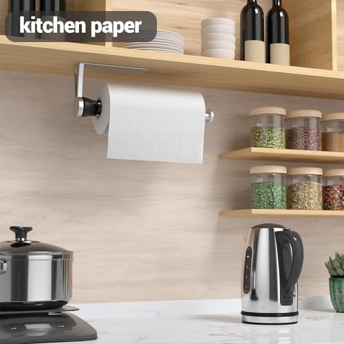 Image of Paper Towel Holder Under Cabinet with Damping Effect, Single-Hand Operable Wall Mount Paper Towel Holder for Kitchen /Bathroom, Under Counter Self-Adhesive /Drilled Kitchen Towel Holder
