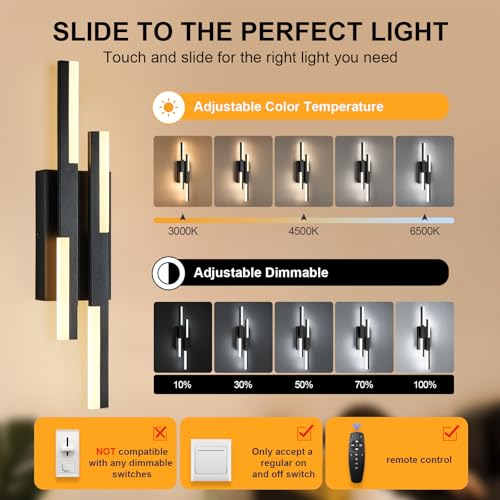 Image of Benkut Modern LED Wall Sconce Black Remote Wall Light Fixtures for Bathroom, Dimmable Vanity Light Indoor LED Remote Wall Sconce for Bedside Bedroom Living Dining Room (1 Pack 3000-6500K 19.7inch)