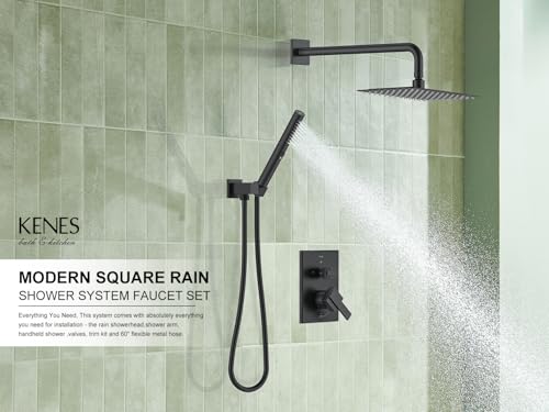 Image of KENES Matte Black Square Rainfall Shower System Faucet Set with Handheld