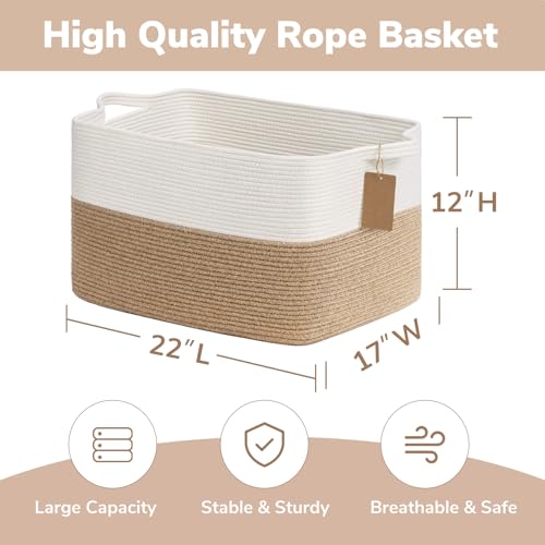 Image of Goodpick 75L Extra Large Woven Rope Blanket Basket, Rectangle, Jute | 22 inch x 17 inch x 12 inch Decorative Storage Basket for Pillows, Toys & Daily Essentials, Fits Living Room, Bedroom & Home Decor