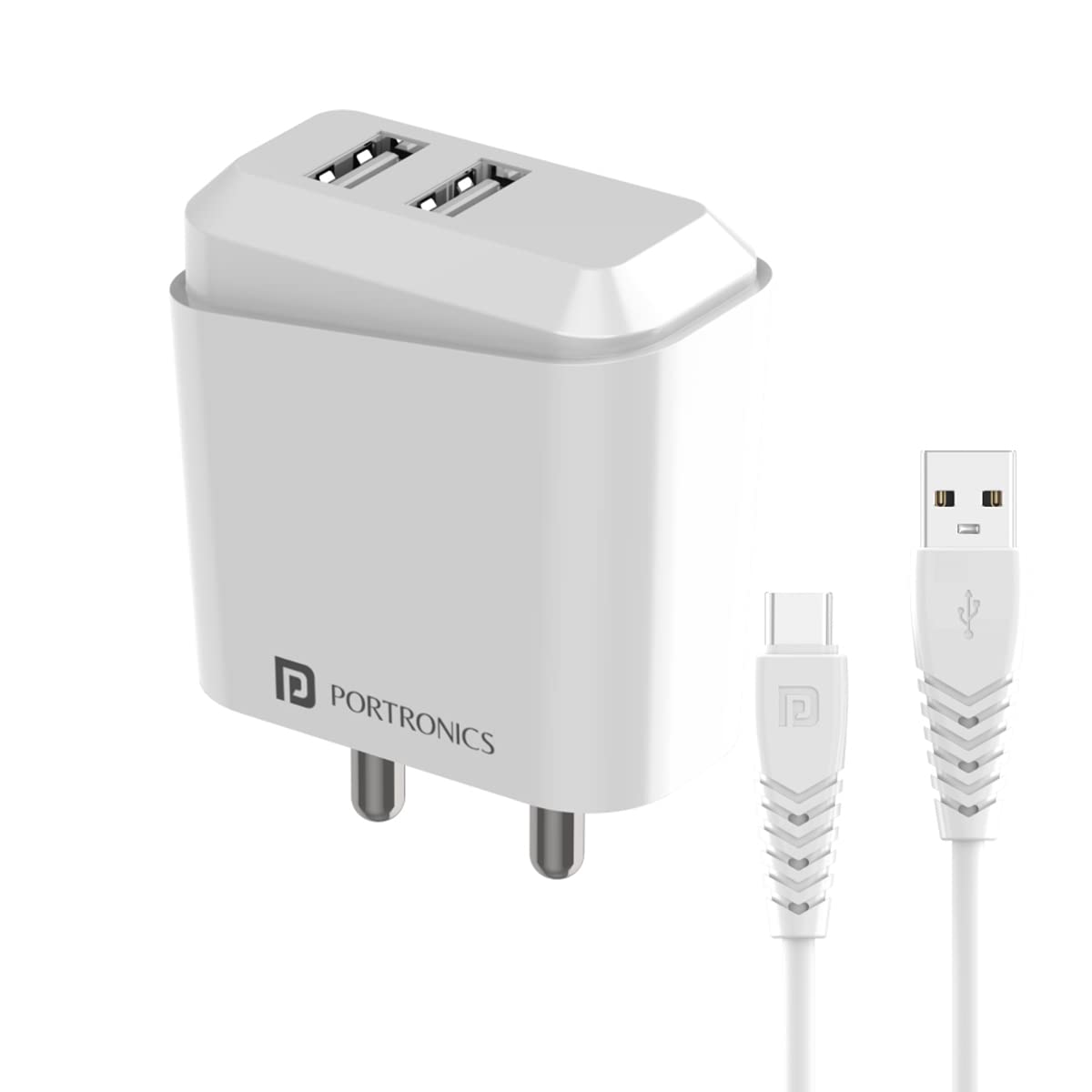Portronics Adapto 42 C 2.4A Charger with Dual USB Port, 12W Max Output, Smart Protection Chip, 1M Type C Charging Cable for Cellular Phones (White)