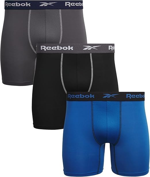 Reebok Mens Boxer Briefs - 3 Pack Stretch Moisture Wicking Mens Underwear with Contour Pouch Boxers for Men (Sizes: S-XL), Size X-Large, Grey/Black/Blue