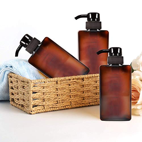 Jolitac 16 oz Dispenser Refillable Bottles 3 Pack, Shampoo Conditioner & Wash Shower Refillable Containers Pet Plastic Empty Amber Pump Bottle (Brown-Liquid)