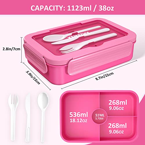 KEMETHY Bento Lunch Box for Kids(2 Pack), 4 Compartment Lunch Boxes Kids, Cutlery Storage Built-in Utensil Set, Leak-proof, Thicken, Microwave/Dishwasher/Freezer Safe, BPA-Free, Pink