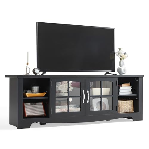 LINSY HOME TV Stand for 75 Inch TV, Modern Farmhouse Entertainment Center with Storage Cabinets and Glass Doors, Tall Media Console Table for Living Room, Bedroom, Large Long Television Stand, Black