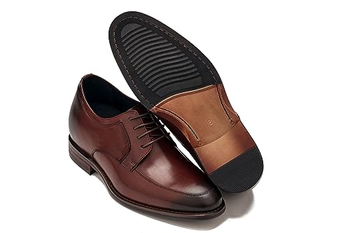 Image of CALTO Men's Invisible Height Increasing Elevator Shoes - Rust Brown Premium Leather Lace-up Round-Toe Formal Derby Oxfords - 2.8 Inches Taller - Y7427- Size 7 D(M) US