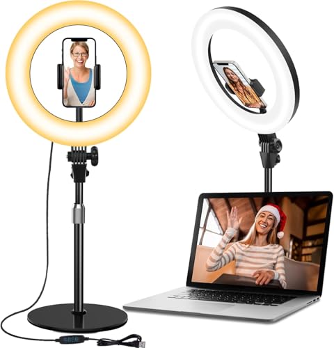 Ringlicht mit Stativ, 10.5” LED Ring Light mit 3 Lichtfarben+10 Helligkeiten Tisch Selfie Licht Ringleuchte Ring Licht Handy Laptop für Videokonferenz...