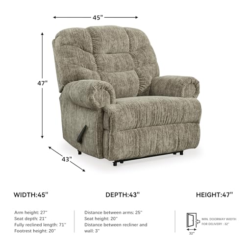 Image of Signature Design by Ashley Recliner, Oversized Taupe, Movie Man | Plush polyester velvet upholstery, Space-saving wall hugger needs 3 in of room, Extra-wide seating for big & tall comfort