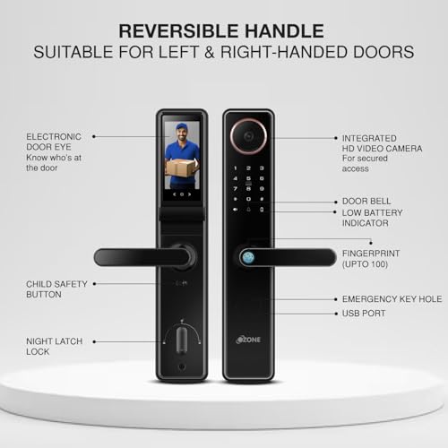 Image of Ozone Smart Door Lock with WiFi & HD Camera | Fingerprint, App, Password & RFID Access | 4-Way Unlock | Fits 35-110 mm Wooden & Metal Doors | Rose Gold