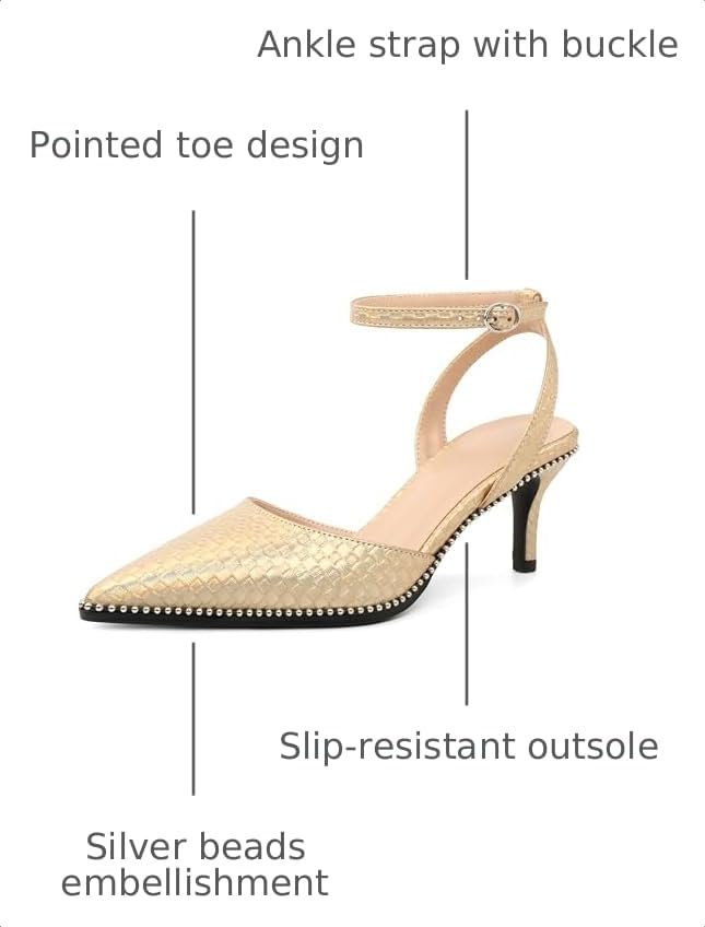 Image of SAMMITOP Kitten Heels for Women Low Heel Closed Toe Ankle Strap Pumps Wedding Party Beaded Dress Shoes 2.4 Inch