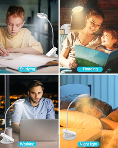 libtit Klemmlampe Bett - Touch Dimmbar Leselampe Buch Klemme Augenschutz Led Klemmleuchte 3 Modi Schwanenhals Bettlampe, USB Aufladbares Akku Leselampe Nachttisch Kinder (Weiß)