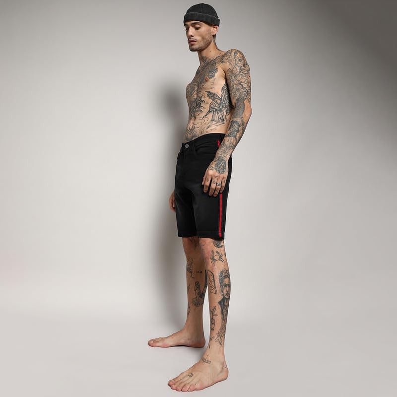 Image of CAHOOT Men's Side-Striped Denim Shorts for Casual Wear | Dark-Wash | Regular Fit | Button Closure | Denim Shorts Crafted with Comfort Fit for Everyday Wear