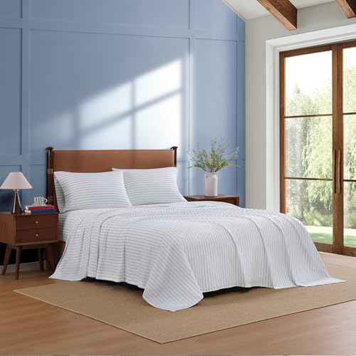 Image of Tommy Hilfiger - Full Size Sheet Set, Crisp & Tailored Cooling Sheets with a Smooth Cotton Percale Lightweight Feel - Bed Sheets with Matching Pillowcases & Fitted Sheet (Joshua Tree Stripe Blue)