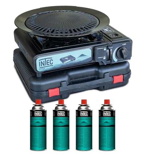 INTEC - Réchaud gaz Portable 2200W ETNA + Plaque Grill 4 Cartouches gaz Camping Allumage Piezo Mallette