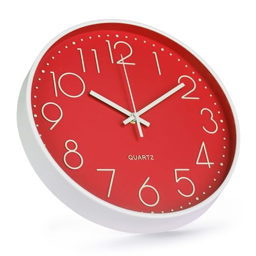 Image of Wall Clock 12 Inch Non-Ticking Silent Modern Simple Style Round Decor Clock Red Stereoscopic Dial Quartz Wall Clocks for Home /Office /School /Living Room /Bedroom /Kitchen