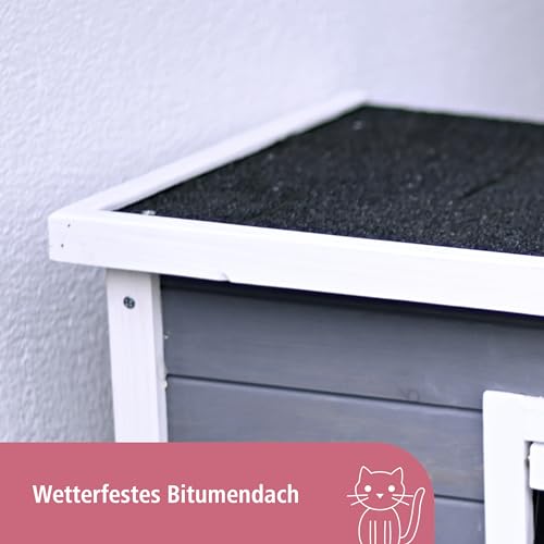 Kerbl Pet Katzenhaus Rustica, Katzenhütte, grau/weiß, Vollholz, 57x45x42cm, mit Schwingtüre, Plexiglasfenster, höhenverstellbare Kunststofffüße
