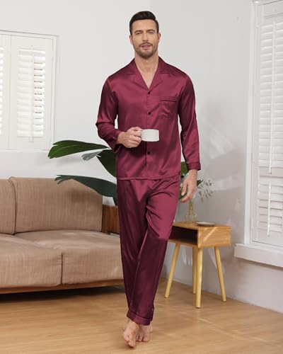 Mens Satin Pajamas Set Long Sleeve and Long Pants Silk Satin Pajamas for Men Classic Sleepwear Button Down Pjs Set2