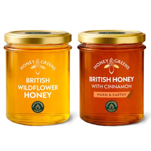 British Wildflower & Cinnamon Honey Duo (2 x 240g) Raw Pure & Natural Unpasteurised 0% Added Sugar Premium Honey Gift Set (1 Wildflower + 1 Ceylon Cinnamon)