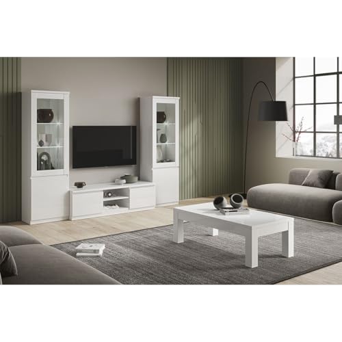 AltoBuy DEYTON - Ensemble Salon Complet Laqué Blanc Meuble TV + Vitrines avec LEDs + Table Basse 138cm