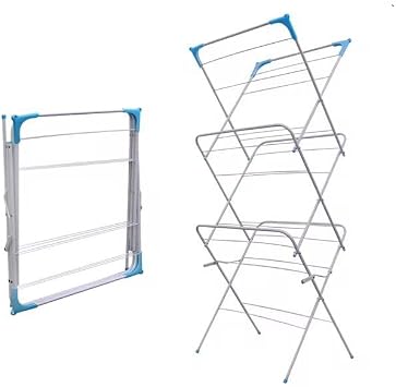 3 Tier Foldable Clothes Drying Rack, Stainless Steel Laundry Airer Stand with 18 Rods, Space Saving Cloth Dryer Stand, Indoor Outdoor Balcony Drying Stand with Safety Lock & Non Slip Feet
