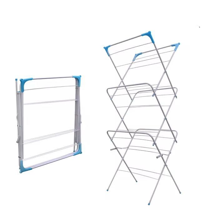 3 Tier Foldable Clothes Drying Rack, Stainless Steel Laundry Airer Stand with 18 Rods, Space Saving Cloth Dryer Stand, Indoor Outdoor Balcony Drying Stand with Safety Lock & Non Slip Feet