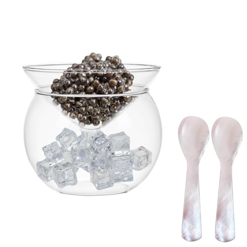 HAOZIJIE Caviar Server Set, Glass Caviar Dish with 2 Pcs Shell Caviar Spoons, Drinks Holder Chiller Shrimp Cocktail Liquor Martinis Cocktails Dish, for Caviar, Egg, Ice Cream, Coffee (Small)