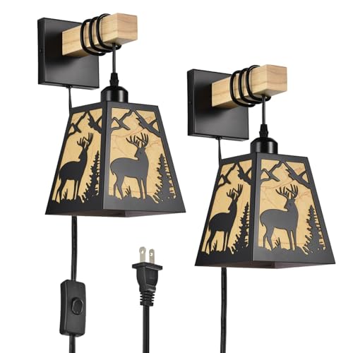 Image of Plug in Wall Sconce,Deer Matte Metal Rustic Wall Sconces,Black Wall Lights,Farmhouse Parchment Paper Shades Wall Sconce Set of Two,Wall Lamps for Bedside,Living Room,Bedroom,Hallway,Bathroom