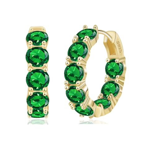 FSLEAD Green Hoop Earrings for Women,Emerald Green Earrings 14K Gold Plated Huggie Cubic Zirconia Rhinestone Inside Out Emerald Earring Irish St Patricks Day Christmas Holiday Jewelry Gift for Her