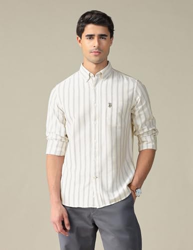 Image of U.S. Polo ASSN. Striped Tailored Fit Shirt for Men - 100% Cotton, Breathable & Comfortable, Full Sleeves Casual Shirt for Men