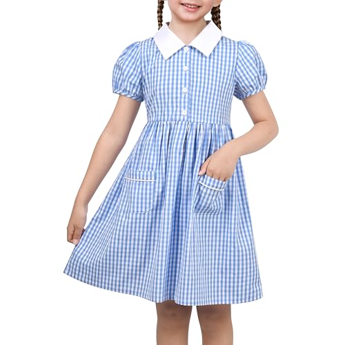 Sunny Fashion Girls Dress Beige Short Sleeve Collar Button Front School Uniform