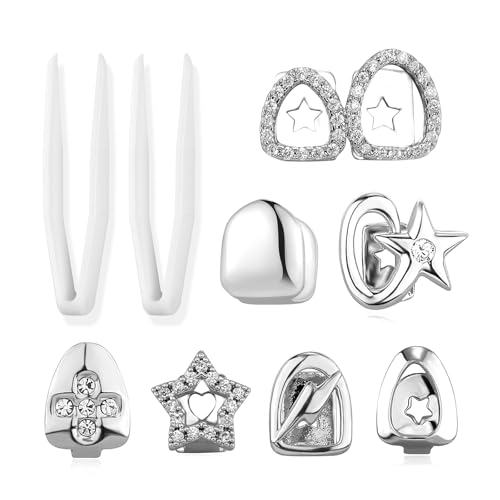 7PCs Grillz for Your Teeth Hip-Hop Punk Rhinestones Grillz, Gold Plated Tooth Cap Fake Grill, Hollow Heart Star Tooth, Single Grills Teeth Jewelry for Women (Silver)