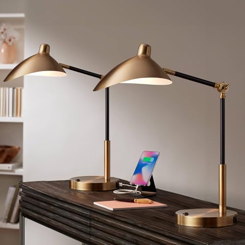 360 Lighting Colborne 28" Tall Mid Century Modern Desk Lamps Set of 2 USB Port Adjustable LED Black Gold Metal Shade Home Office Living Room Charging Bedroom Bedside Nightstand House Reading Kitchen