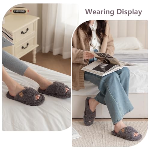 Image of GOEWY Fuzzy Open Toe Slippers for Women Cozy Memory Foam House Shoes Indoor