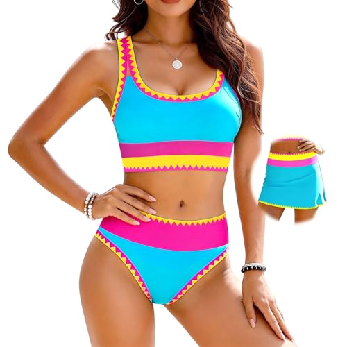 Bikini taille haute femme 3 pièces fluo avec jupe de plage et bretelles réglables