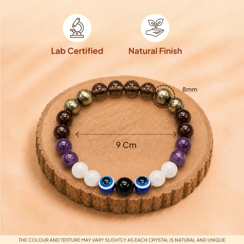 Image of Makar (Capricorn) Rashi Bracelet | Smoky Quartz, Pyrite, Garnet, Amethyst, Moonstone, Evil Eye | For resilience & Ambition | Strengthen Focus & Strategic Planning | For Men & Women